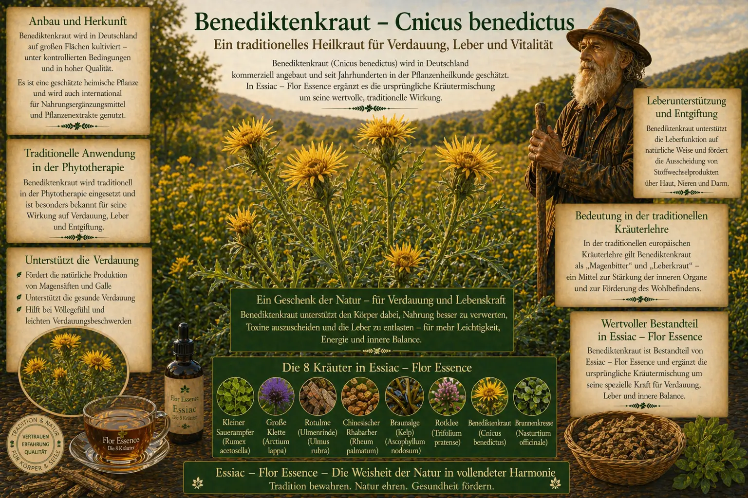 Vintage-Kräuterillustration von Benediktenkraut (Cnicus benedictus) auf einem Feld mit den 8 Essiac-Kräutern einschließlich Kleiner Sauerampfer (Rumex acetosella) und botanischen Bezeichnungen