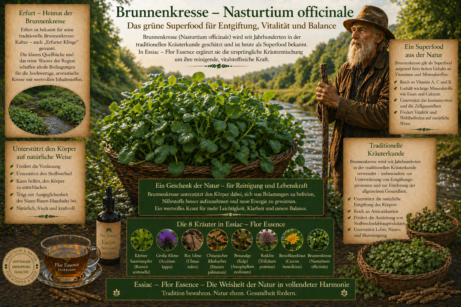 Detaillierte Infografik über Brunnenkresse (Nasturtium officinale) als Superfood für Entgiftung, traditionelle Kräuterkunde und die 8 Inhaltsstoffe von Essiac - Flor Essence Tee. Abgebildet sind frische Kresse, ein Kräutersammler, ein Teeglas en die Produktflasche.