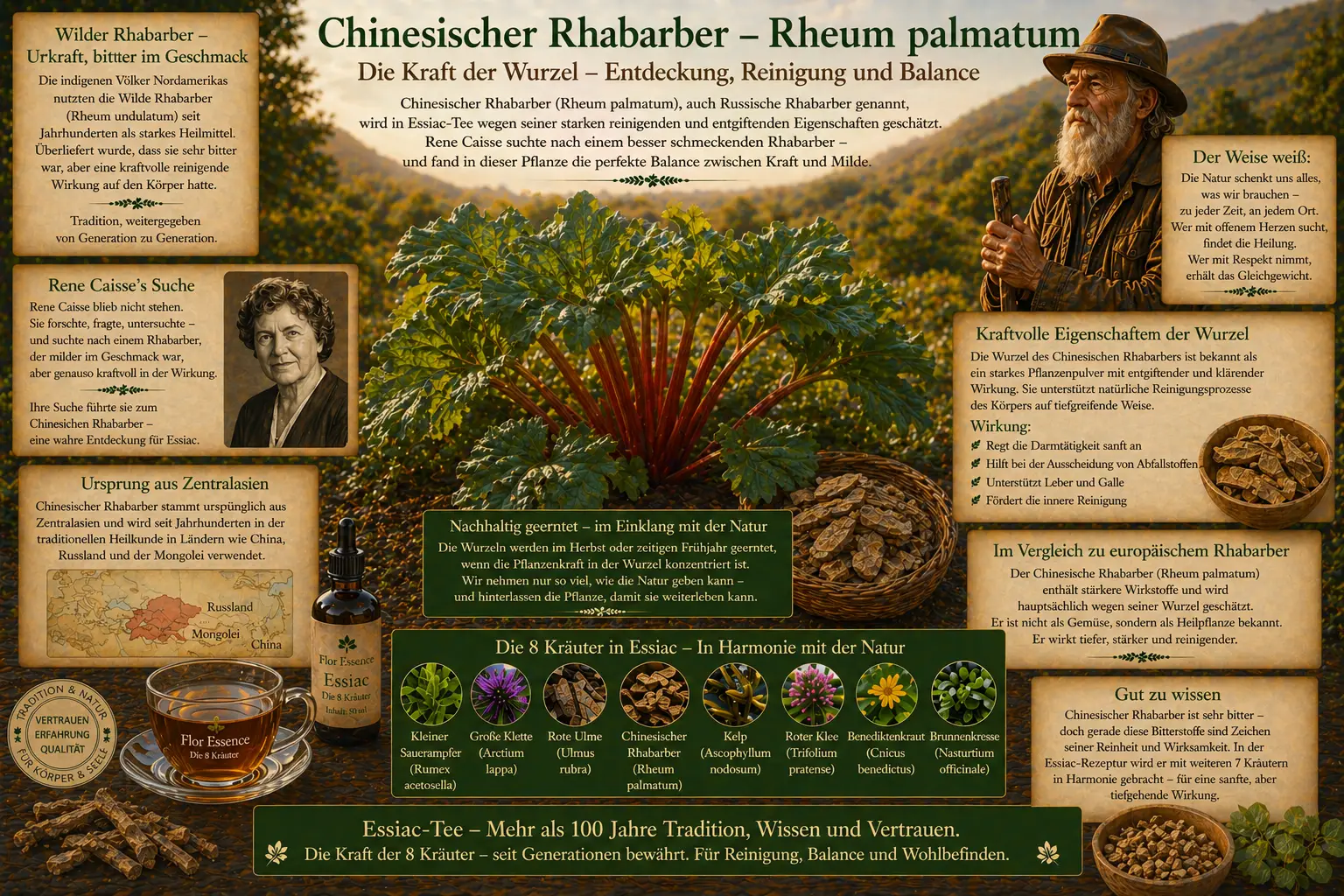 Infografik über Chinesischen Rhabarber (Rheum palmatum) in Essiac Flor Essence. Darstellung der Pflanze, der getrockneten Wurzel und ein Porträt von Rene Caisse. Text über Reinigung, Leberunterstützung und Herkunft aus Zentralasien.