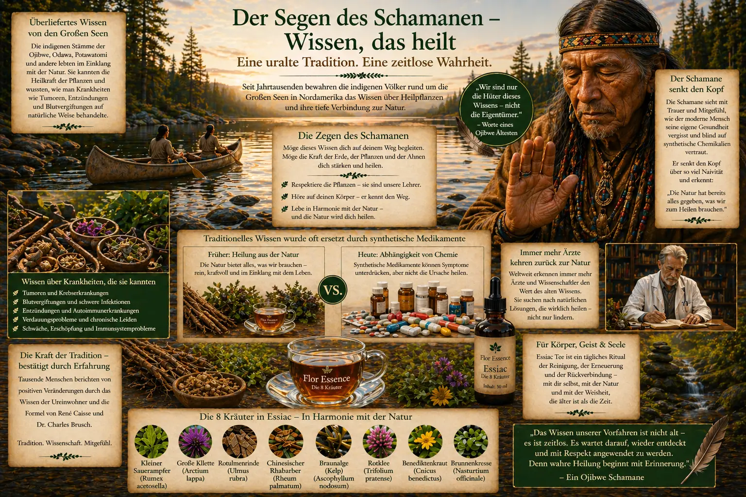 Infografik über den Segen des Schamanen und die Tradition des Essiac Tees. Ein weiser Schamane blickt auf die Kräuter der Natur. Darstellung der 8 Kräuter und der Geschichte der Ojibwe-Indianer.