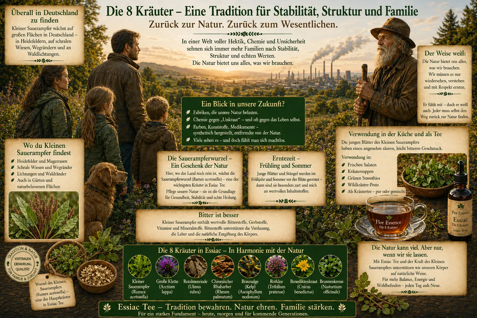 Infografik über die 8 Kräuter in Essiac Flor Essence. Eine Familie blickt von einer Naturlandschaft auf eine Industrieanlage. Fokus auf Kleiner Sauerampfer und die Rückkehr zu natürlichen Werten.
