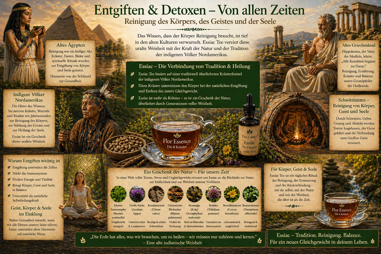 Infografik über Entgiftung und Detox mit Essiac Tee. Darstellung von altem Ägypten, Griechenland und indigenen Völkern sowie die 8 Kräuter von Flor Essence.