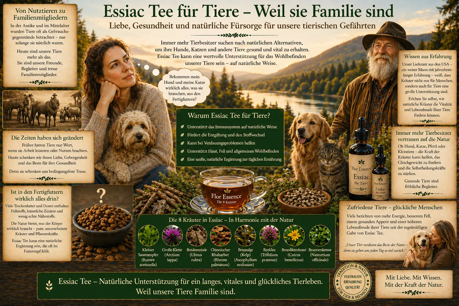 Infografik über Essiac Tee für Tiere. Eine Frau hält einen kleinen Hund, daneben ein Goldie und eine Katze in einer Berglandschaft. Text über Immunsystem, Stoffwechsel und die 8 Kräuter für Haustiere.