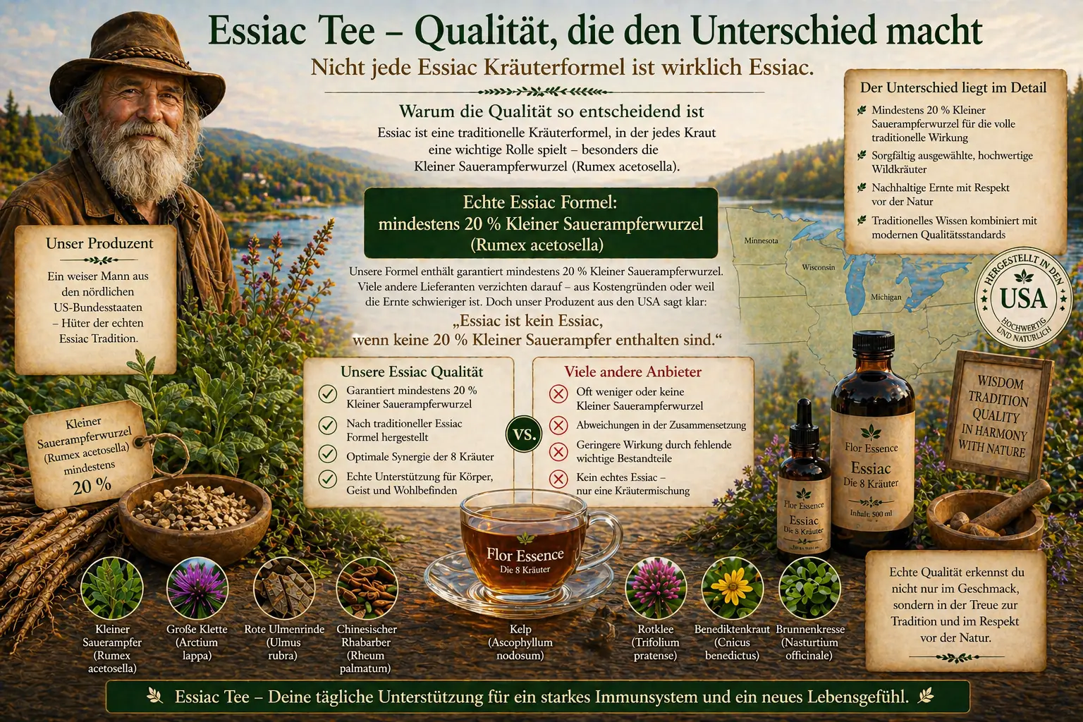 Infografik über die Qualität von Essiac Tee. Informationen über den Produzenten aus den USA, die 20% Kleiner Sauerampfer Regel und nachhaltige Wildkräuter.