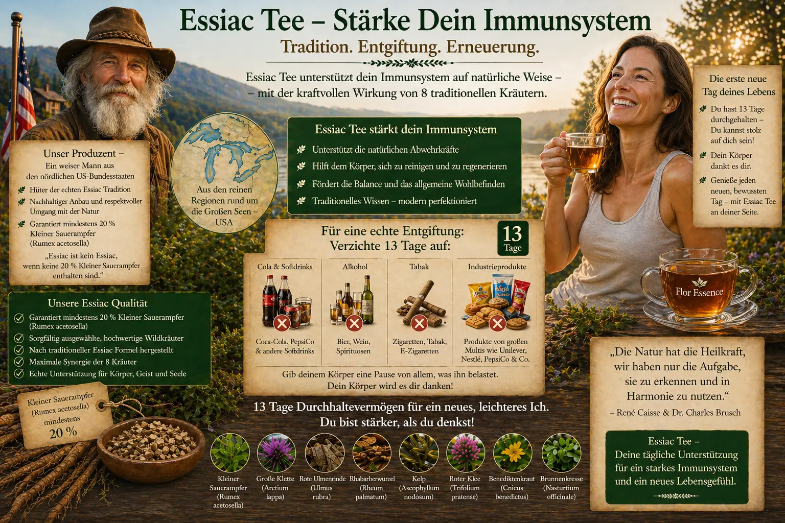 Infografik über die Stärkung des Immunsystems mit Essiac Tee. Eine lächelnde Frau trinkt Tee in der Natur. Informationen zur 13-Tage-Kur, Verzicht auf Zucker und Alkohol, und die 8 Kräuter.
