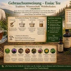 Infografik mit der Gebrauchsanweisung für Essiac Tee. Schritt-für-Schritt Anleitung zur Zubereitung: Dosierung, Aufkochen, Ziehen lassen und Aufbewahrung.