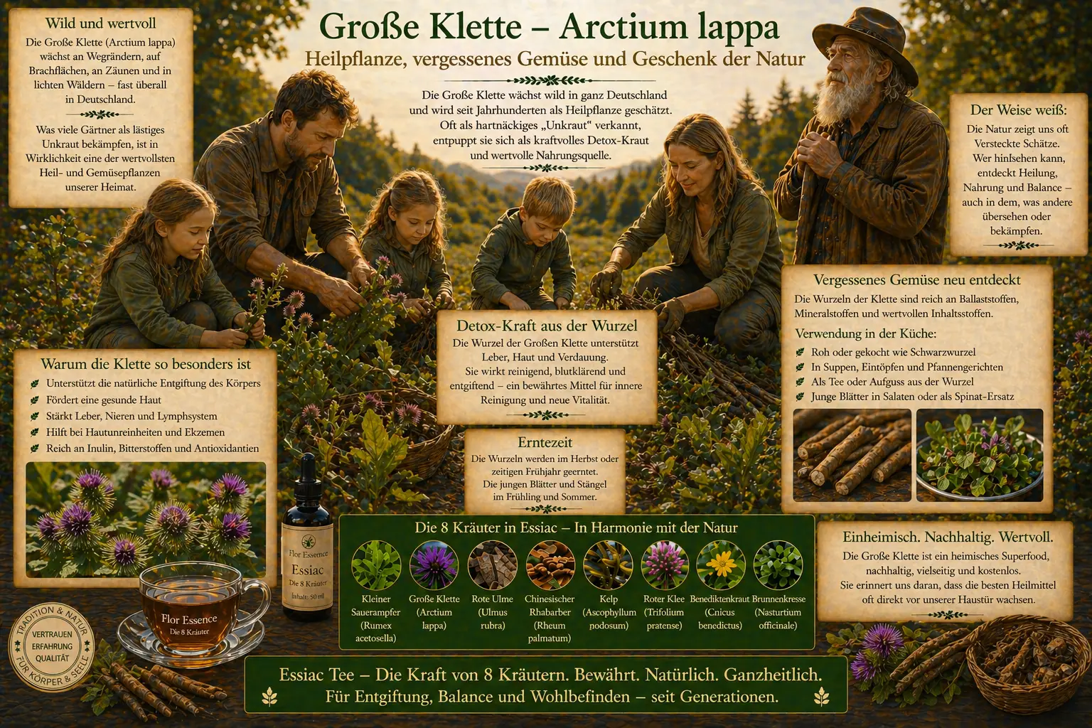 Infografik über die Große Klette (Arctium lappa) in Essiac Flor Essence. Eine Familie erntet gemeinsam Kräuter auf einem Feld. Text über Inulin, Hautgesundheit, Entgiftung und die 8 Kräuter der Mischung.