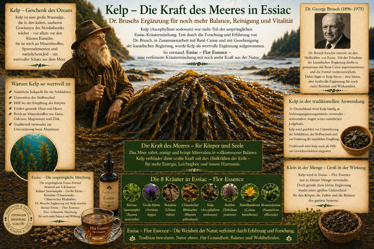 Infografik über Kelp (Ascophyllum nodosum) in Essiac Flor Essence. Ein Fischer vor einem Haufen Braunalgen am Meer. Informationen über Dr. Brusch, Jod für die Schilddrüse und die 8-Kräuter-Mischung.