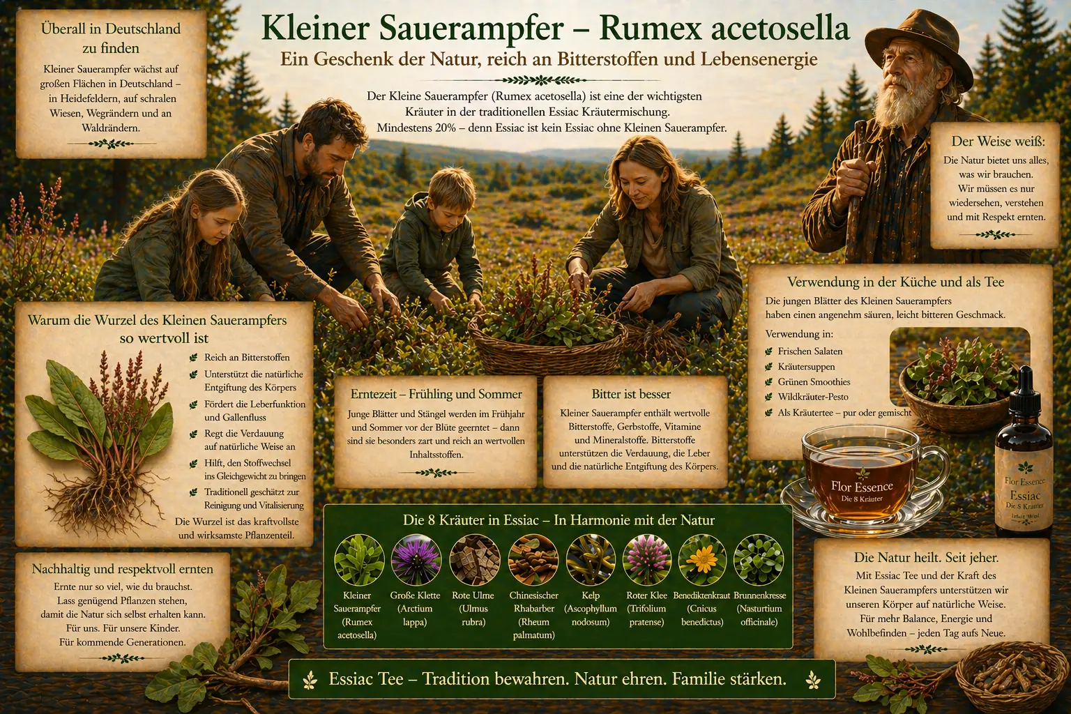 Infografik über Kleinen Sauerampfer (Rumex acetosella) in Essiac Flor Essence. Eine Familie erntet gemeinsam Kräuter auf einer Wiese. Informationen über Bitterstoffe, die 20-Prozent-Regel und nachhaltige Ernte.