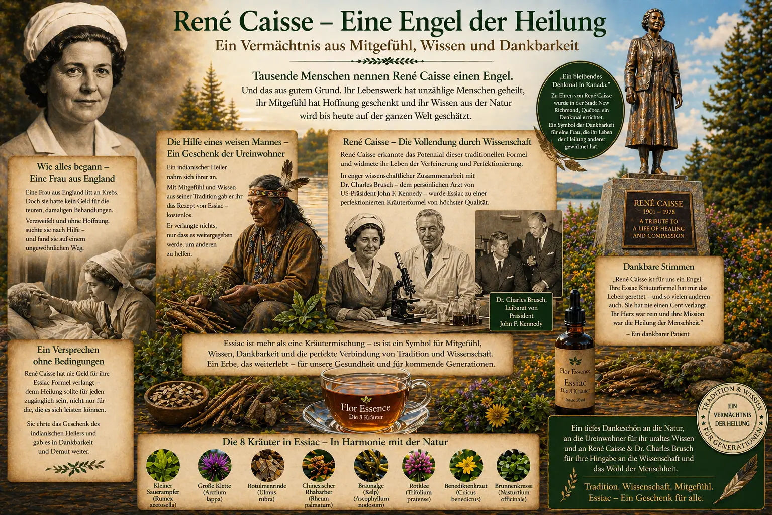 Infografik über René Caisse, den Engel der Heilung. Bilder von René Caisse, Dr. Charles Brusch und die Geschichte der Essiac Kräuterformel. Darstellung von Mitgefühl und Wissenschaft.