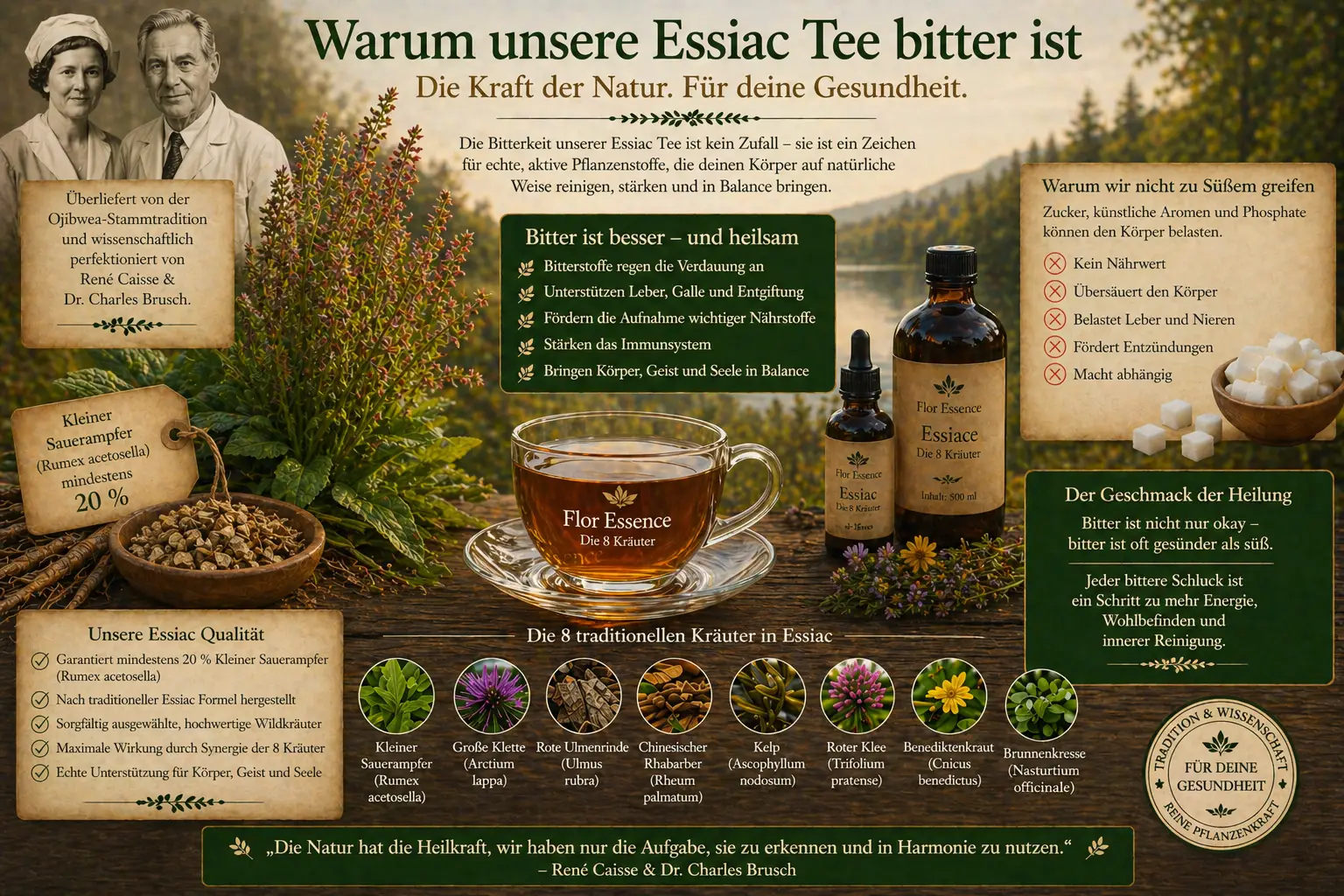 Infografik über den bitteren Geschmack von Essiac Tee. Vergleich zwischen gesunden Bitterstoffen und schädlichem Zucker. Darstellung der 8 Kräuter und der Vorteile für Leber und Galle.